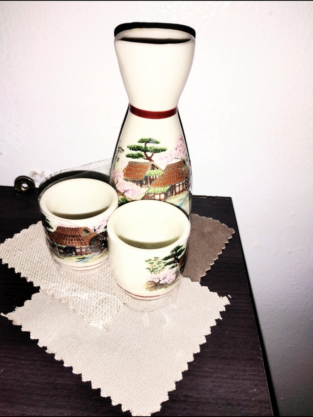 Ceramic Sake Set in Ivory w/ Scenic Village Motif